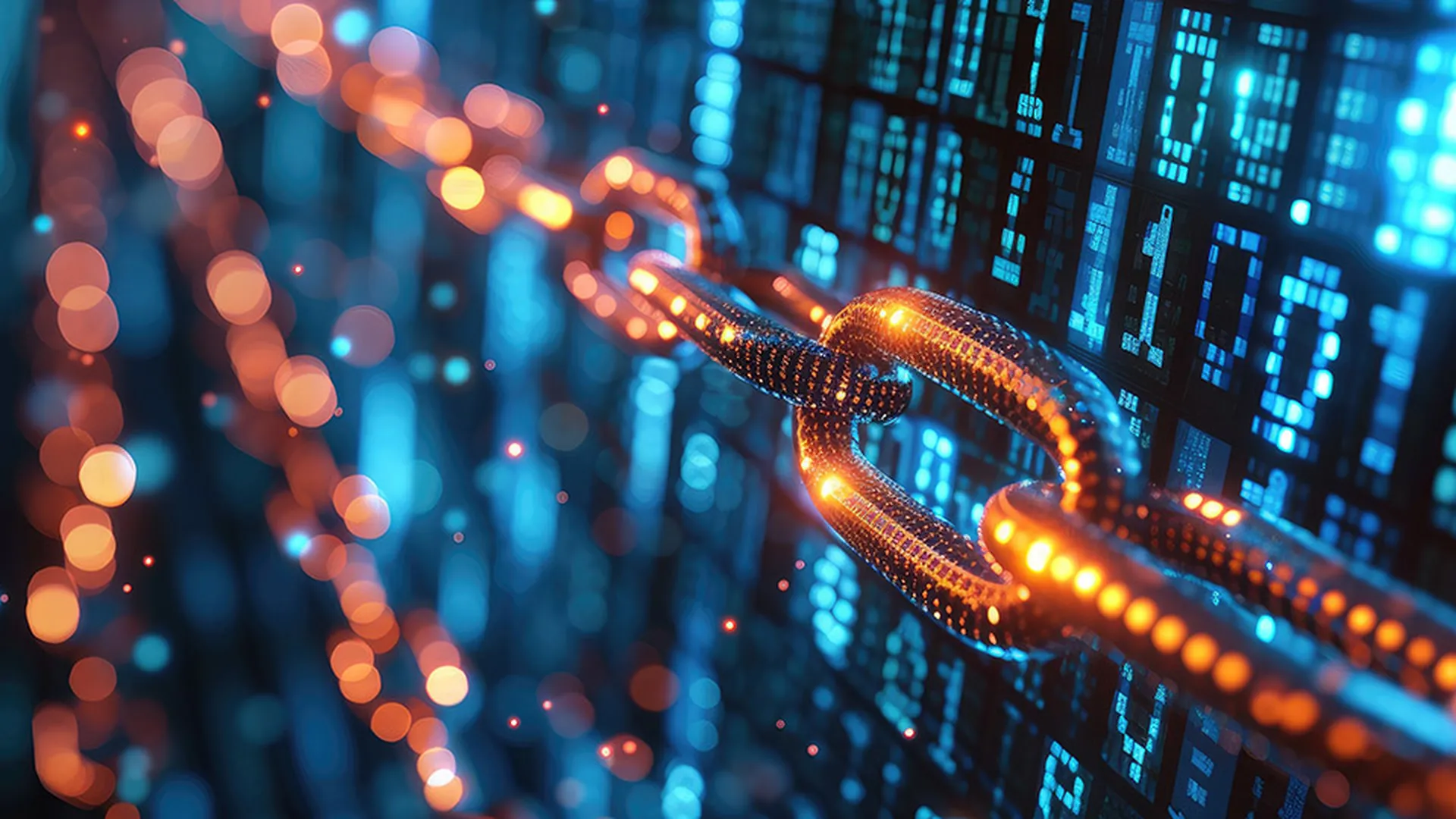 Orange chain links running across a blue digital numbers board.