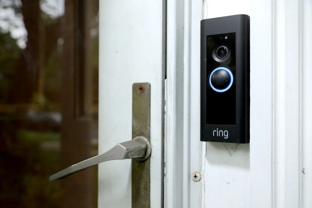 Ring surveillance camera at a front door.