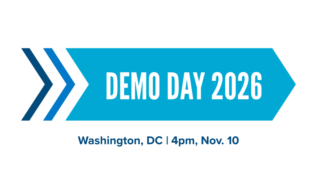 Double blue chevrons and a thick blue arrow point to the right. The overlaying text reads, "Demo Day 2026: Washington, DC, 4pm, November 10."