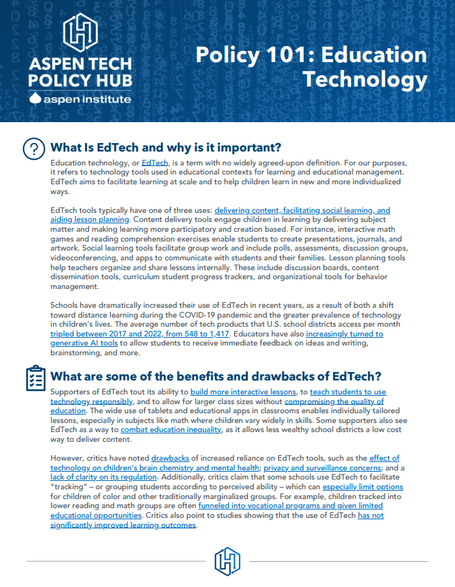 Technology Policy Program Policy 101s: Education Technology - Aspen Policy Academy
