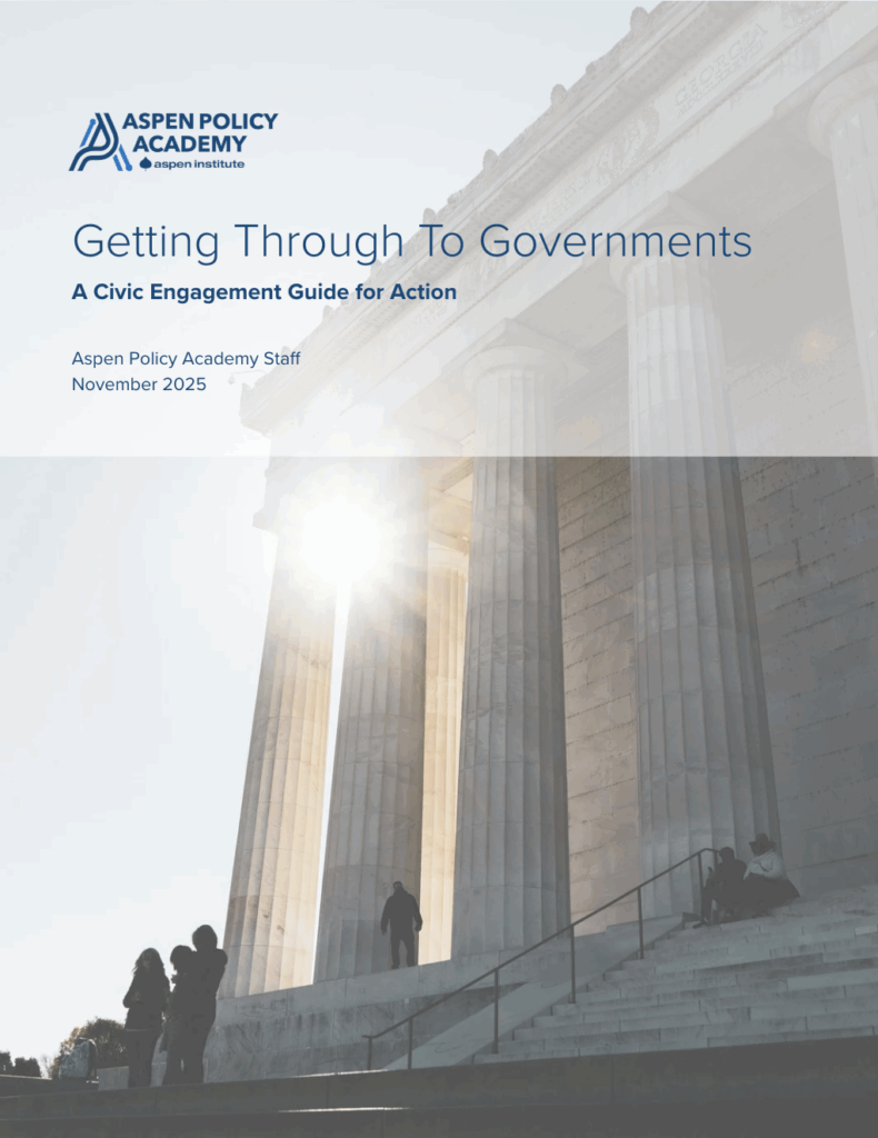Cover image of the front of the Lincoln Memorial with the title of the report, "Getting Through To Governments"