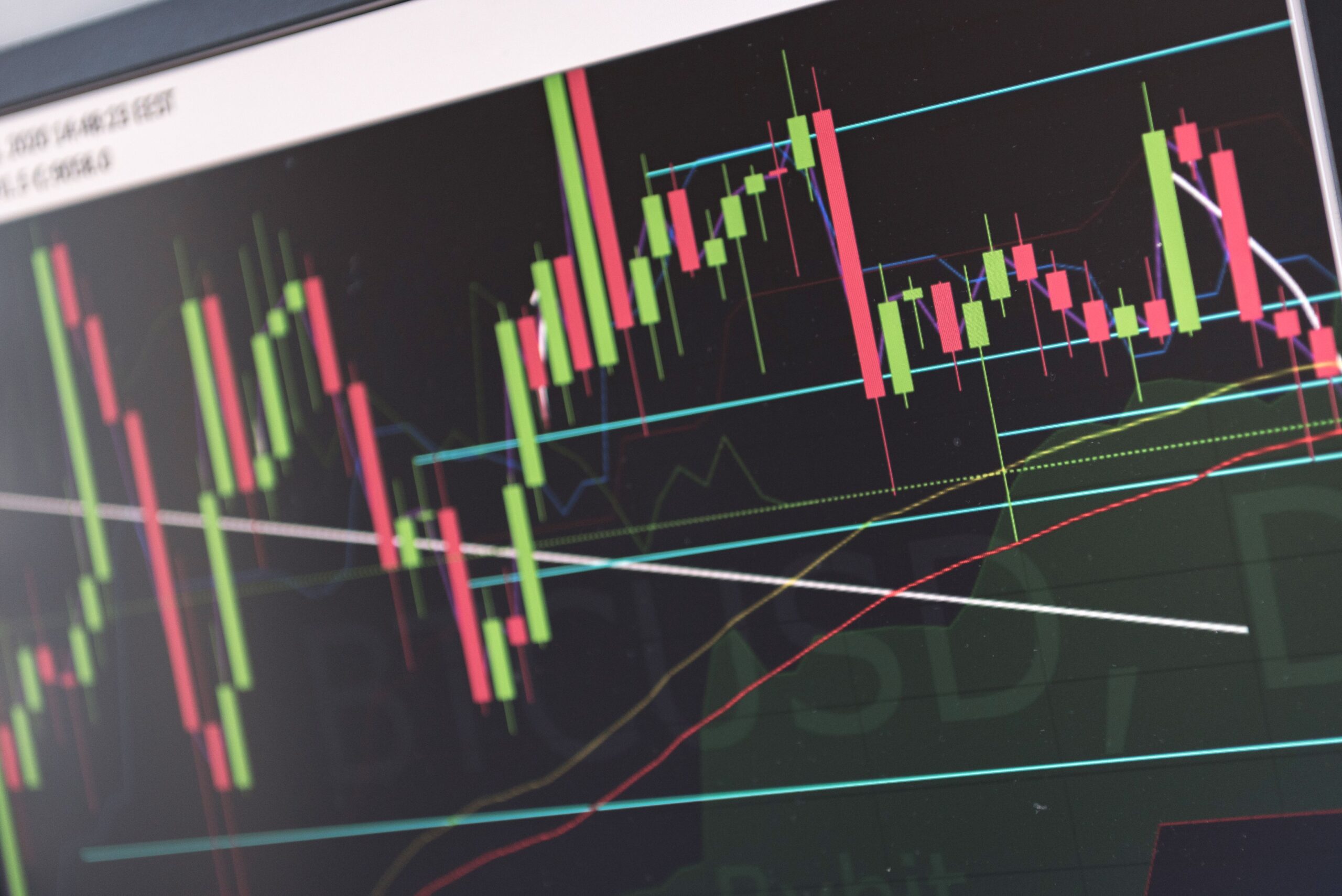 Close-up of vibrant stock market graphs displaying trading trends on a monitor.