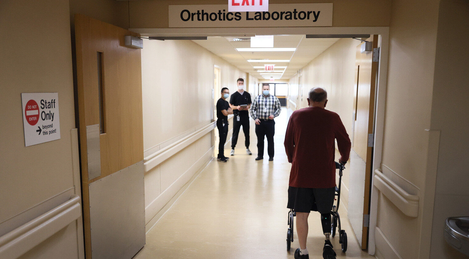 A patient in a Hines, Illinois, hospital uses an AI-enabled prosthetic